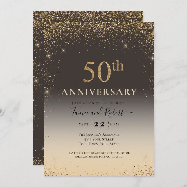 Invitación Globo Purpurina de oro 50 años (Anverso / Reverso)