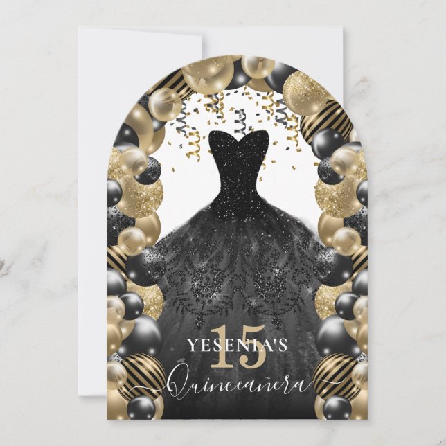 Invitación Globo Quinceanera con traje de chispa negro dorado (Anverso)