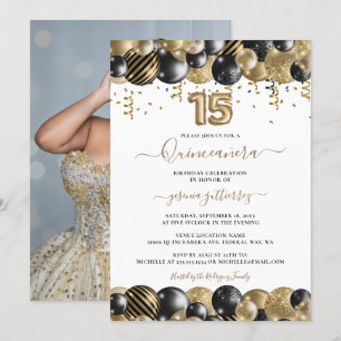 Invitación Globo Quinceanera de fotos de chispa negra dorada