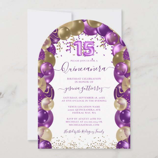 Invitación Globo Quinceañera de oro morado (Anverso)