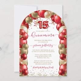 Invitación Globo Quinceañera de oro rojo