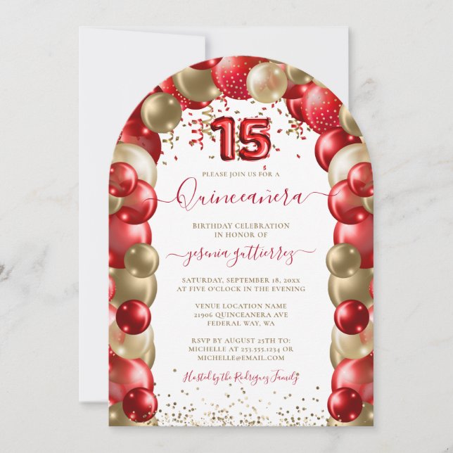 Invitación Globo Quinceañera de oro rojo (Anverso)