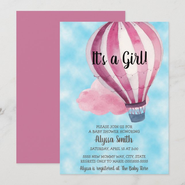 Invitación Globo Rojo Cielo Azul Niña Fiesta de Cumpleaños (Anverso / Reverso)
