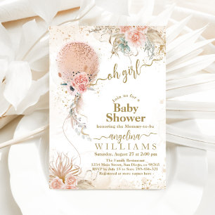 Invitación Globo rosa Boho Flor Pampas Niña Ducha