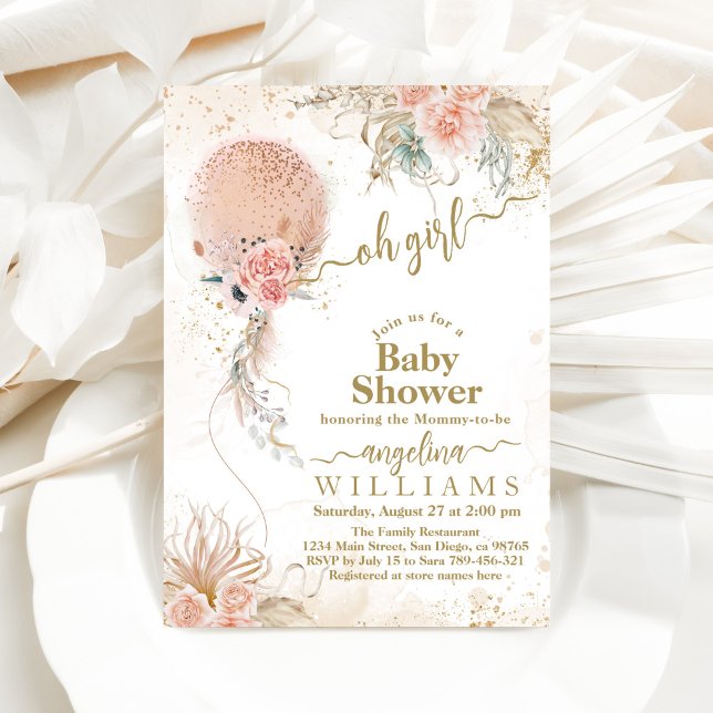 Invitación Globo rosa Boho Flor Pampas Niña Ducha (Subido por el creador)