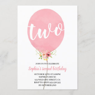 Invitación Globo rosa Chica segundo cumpleaños
