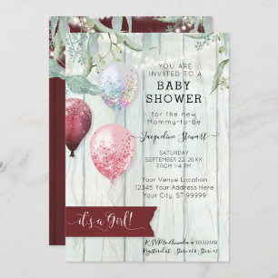 Invitación Globo rosa de Borgoña Chica de Madera Rústica Baby