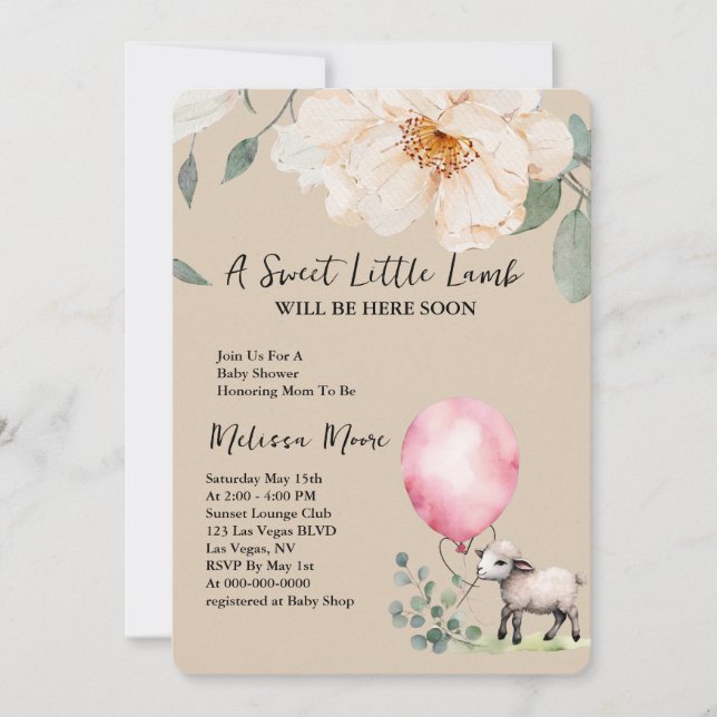 Invitación Globo rosa de cordero dulce Baby Shower (Anverso)