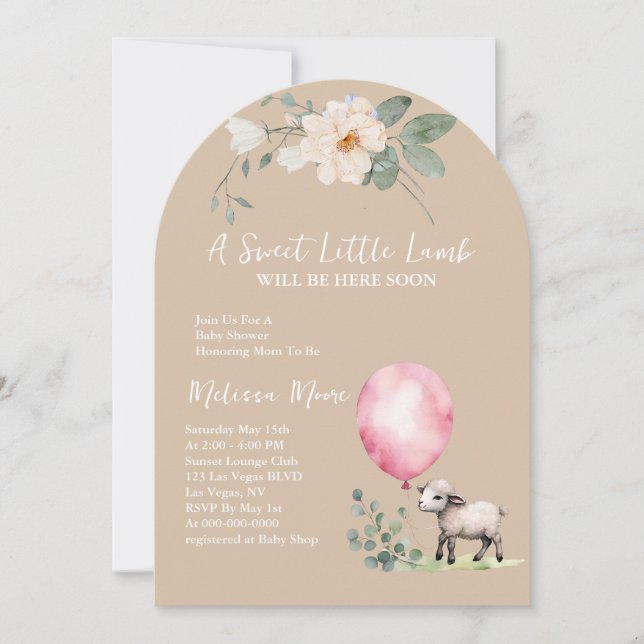 Invitación Globo rosa de cordero dulce Baby Shower (Anverso)