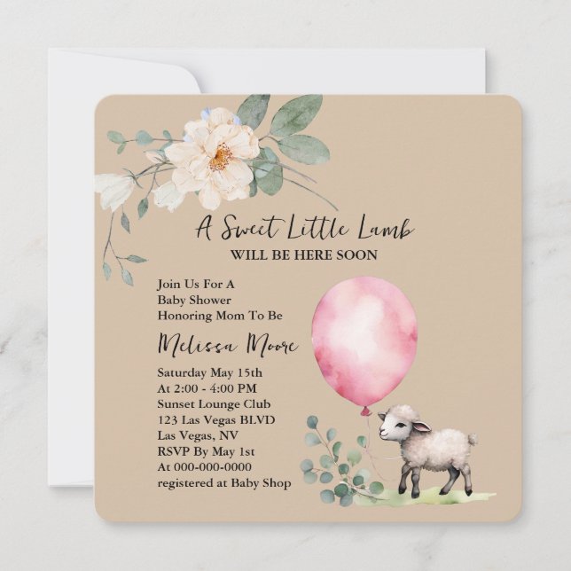 Invitación Globo rosa de cordero dulce Baby Shower (Anverso)