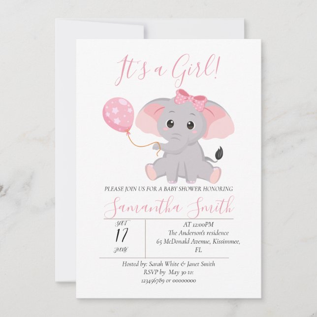 Invitación Globo rosa Elephant Baby Shower (Anverso)