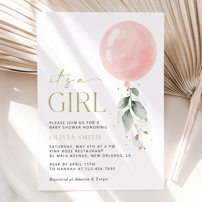 Invitación Globo rosa, eucalipto, vegetación, Baby Shower (Subido por el creador)