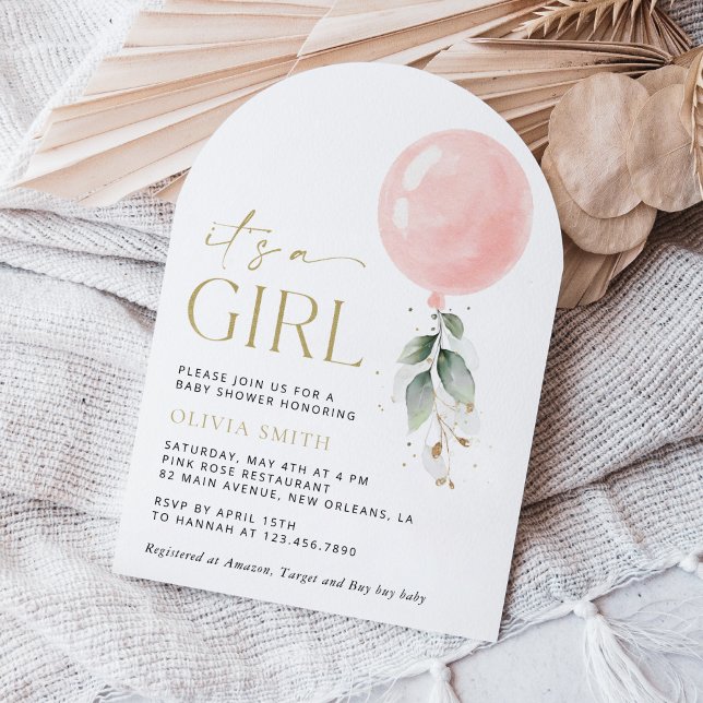 Invitación Globo rosa, eucalipto, vegetación, Baby Shower (Subido por el creador)