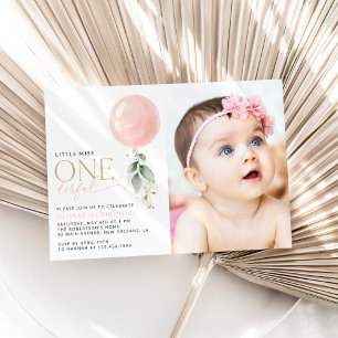 Invitación Globo rosa, eucalipto, vegetación, primer cumpleañ
