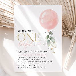 Invitación Globo rosa, eucalipto, vegetación, primer cumpleañ