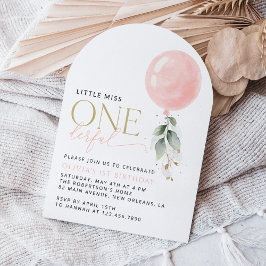 Invitación Globo rosa, eucalipto, vegetación, primer cumpleañ