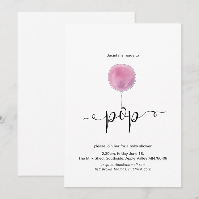 Invitación Globo rosa ilustrado listo para usar Baby Shower (Anverso / Reverso)