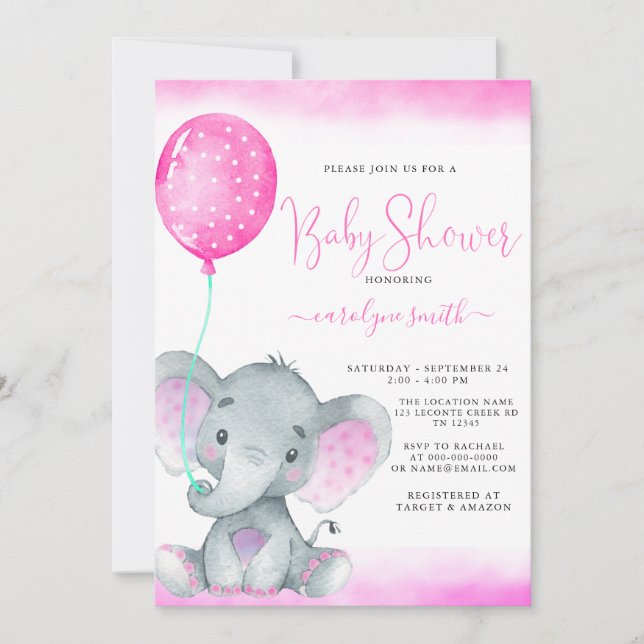 Invitación globo rosa linda ducha de bebé elefante (Anverso)