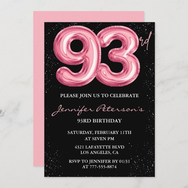 Invitación Globo rosa negro Glam cumpleaños 93 (Anverso / Reverso)