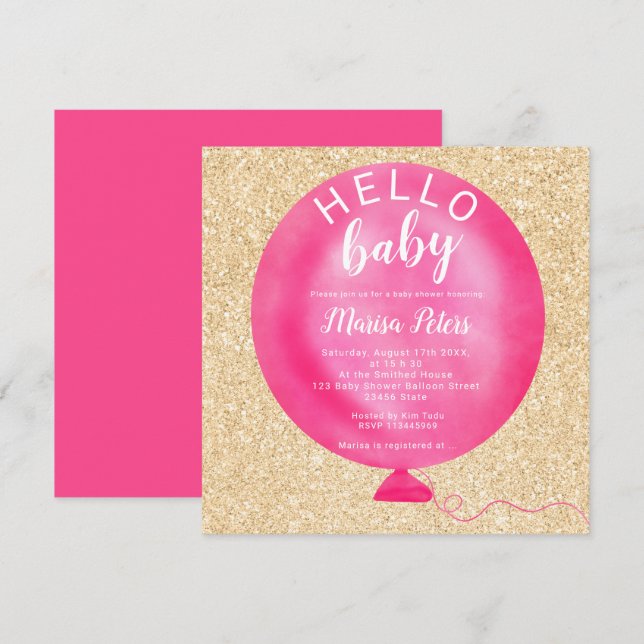 Invitación Globo rosa neón moderno purpurina de oro ducha beb (Anverso / Reverso)