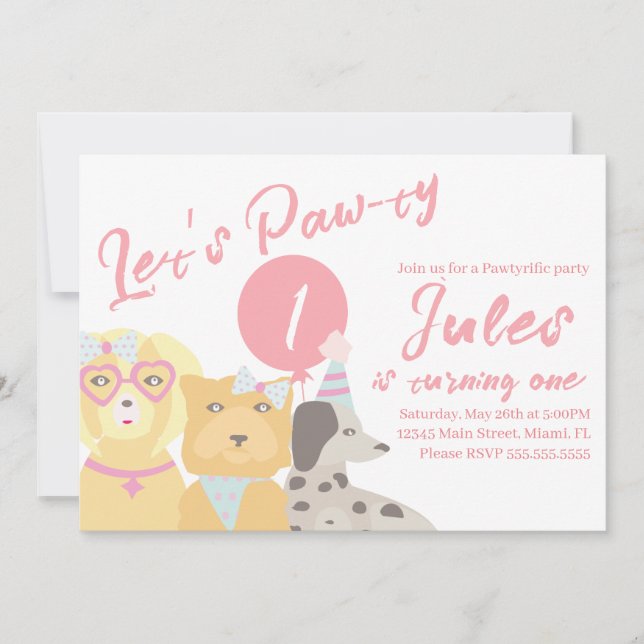 Invitación Globo rosa para fiesta de cumpleaños de perro (Anverso)