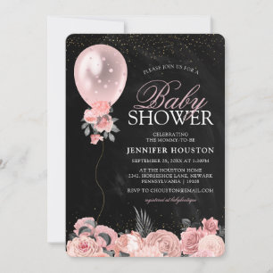 Invitación Globo rosa ruso y Baby Shower floral rosa