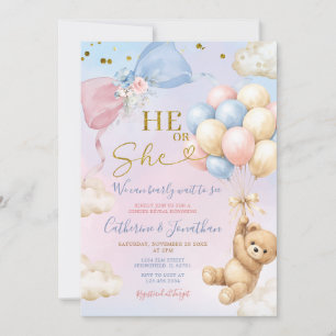 Invitación Globo rosa y azul Oso de revelación de género Él o