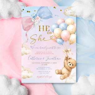 Invitación Globo rosa y azul Oso de revelación de género Él o