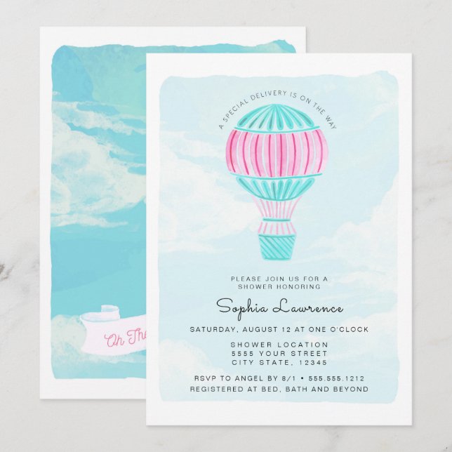 Invitación Globo rosado Baby Shower del aire caliente de la (Anverso / Reverso)