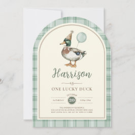 Invitación Globo verde un pato afortunado Gingham primer cump