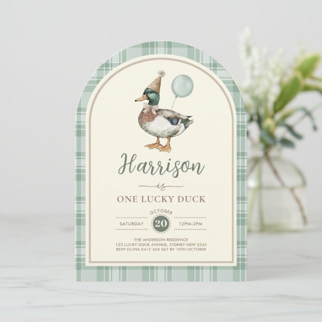 Invitación Globo verde un pato afortunado Gingham primer cump (Anverso de pie)