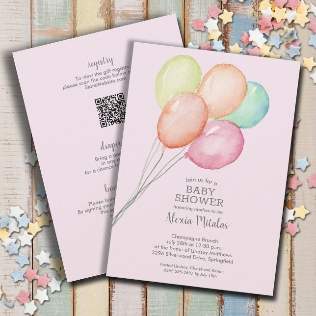 Invitación Globos acuáticos Bebé Rosa Todo En Una Ducha (Watercolor balloons girl baby shower all in one invitations, PRINTED and/or INSTANT DOWNLOAD)