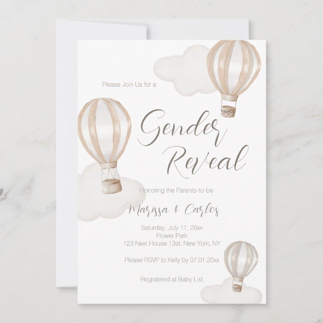 Invitación Globos aerostáticos neutrales para baby shower (Anverso)