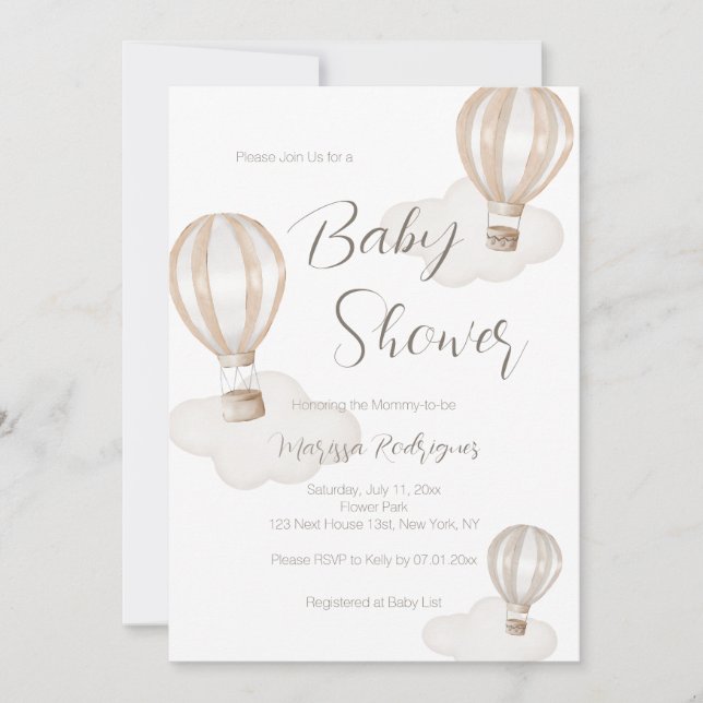 Invitación Globos aerostáticos neutrales para baby shower (Anverso)