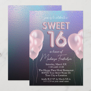 Invitación Globos aerostáticos rosados de Sweet 16 en holográ