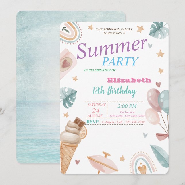 Invitación Globos,Arcoíris,Helado Fiesta de Cumpleaños de Ver (Anverso / Reverso)
