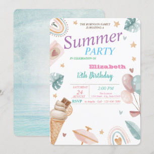 Invitación Globos,Arcoíris,Helado Fiesta de Cumpleaños de Ver