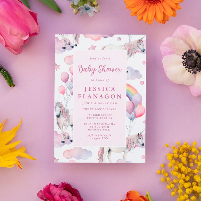 Invitación Globos arcoiris personalizado Baby Shower rosa Uni (Subido por el creador)