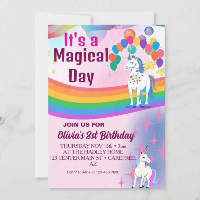 Invitación Globos arcoiris Unicornio Chica de la fiesta de cu (Anverso)
