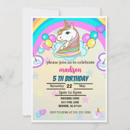 Invitación Globos arcoiris Unicornio Chica de la fiesta de cu