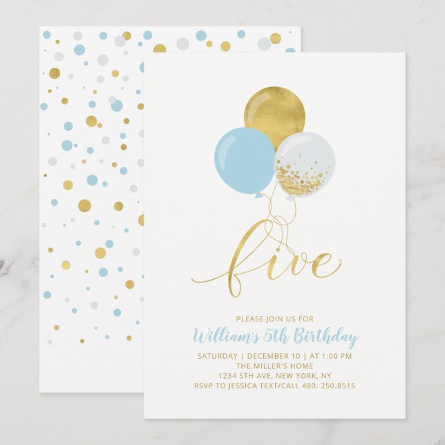 Invitación Globos azul claro y dorados Cumpleaños 5 cinco año (Anverso / Reverso)