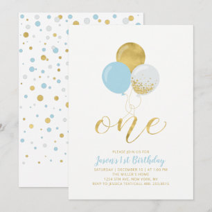Invitación Globos azul claro y dorados   Un primer cumpleaños
