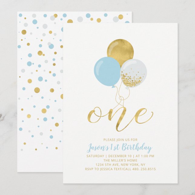 Invitación Globos azul claro y dorados | Un primer cumpleaños (Anverso / Reverso)