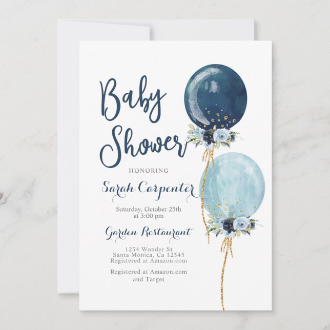 Invitación Globos azul marino de Baby Shower (Anverso)