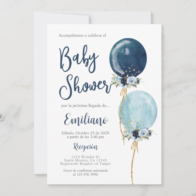Invitación Globos azul marino de Baby Shower (Anverso)