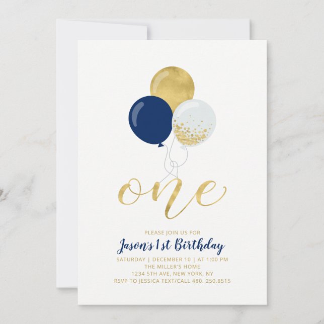 Invitación Globos azul y plateado de la marina | Un cumpleaño (Anverso)