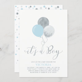 Invitación Globos azul y plateado | Es un Boy Baby Shower
