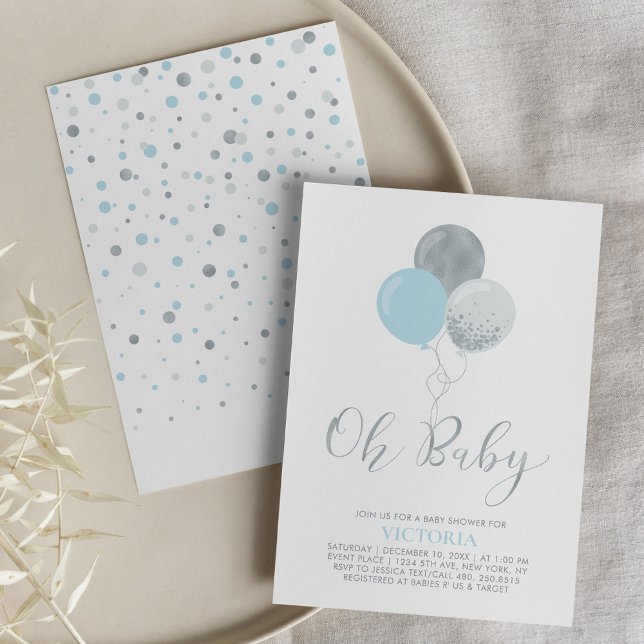 Invitación Globos azul y plateado | Oh Baby Boy Baby Shower (Subido por el creador)