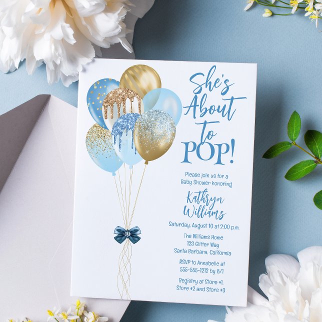 Invitación Globos azules a punto de salir de Baby Shower ("She's Ready to POP!" Blue and Gold Translucent Glitter Balloons Boy Baby Shower Invitation)
