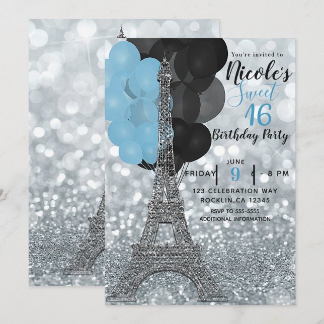 Invitación Globos azules con brillo plateado Torre Eiffel Par (Anverso / Reverso)